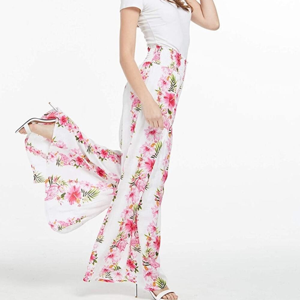 Hawaii Hangover Lady High Slit Hibiscus Pink Floral Wide Leg Pants L/XL - Picture 9 of 10